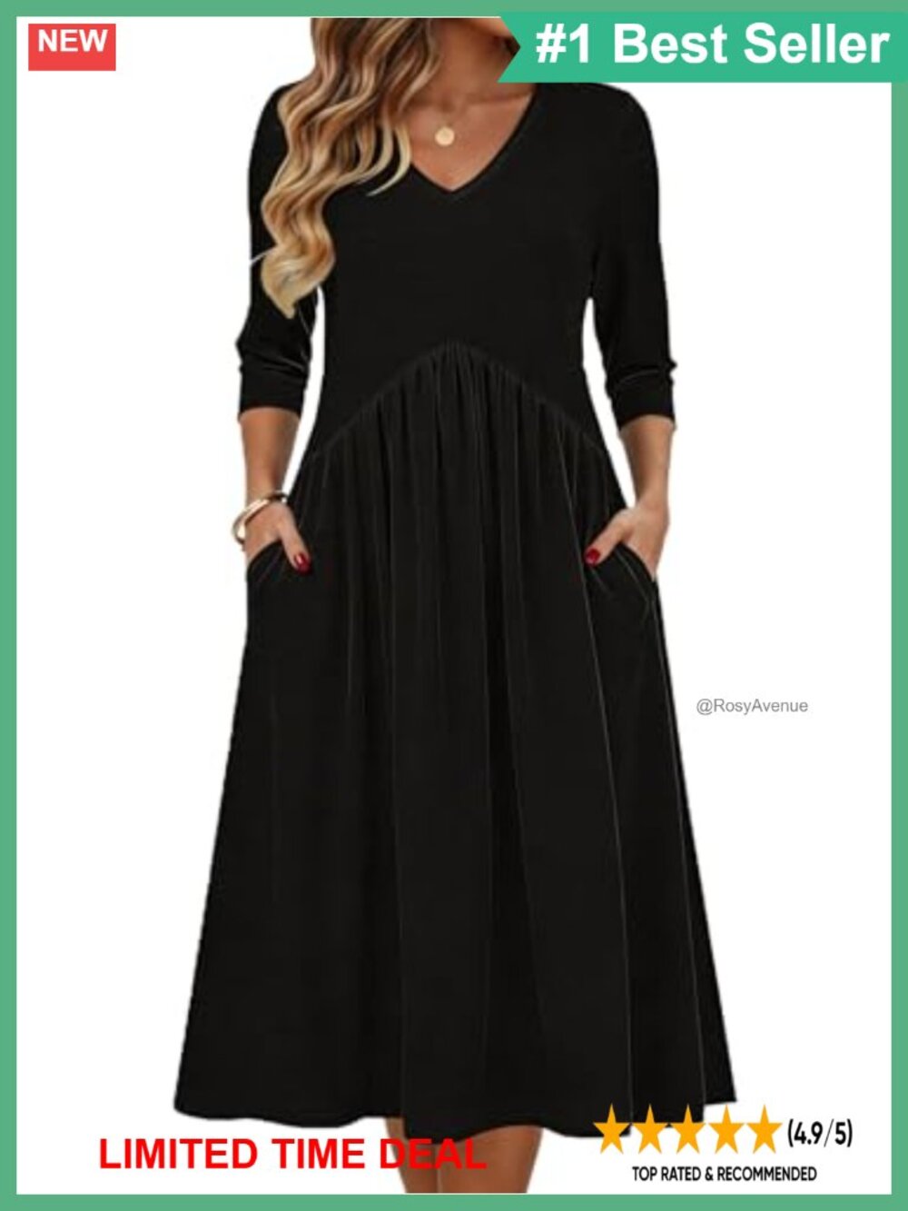 Zeagoo 3/4 Sleeve Midi T-Shirt Dress with Pockets Casual Summer